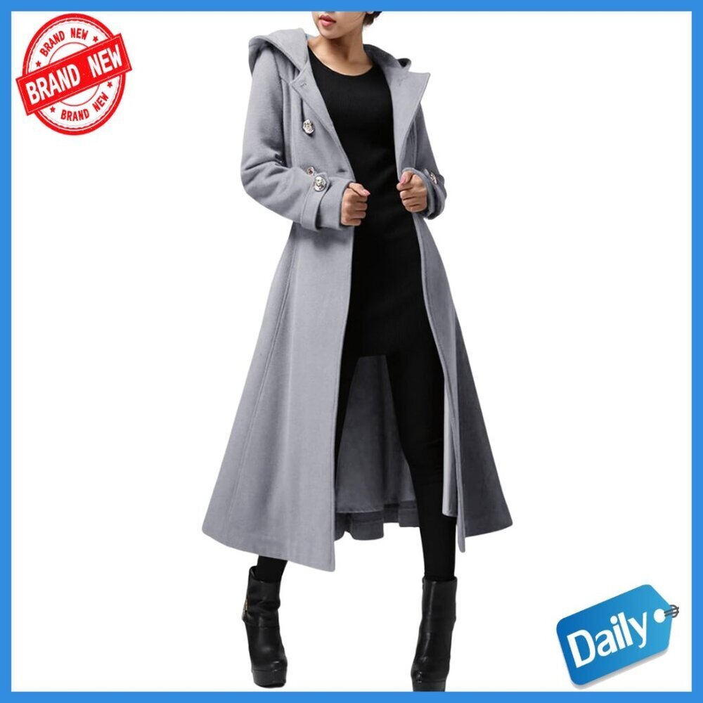 Long Wool Blend Trench Coat with Hood and Belts, Windproof Winter Coat